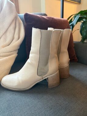 Vici Cream Leather Mid-Calf Chelsea Heeled Boots